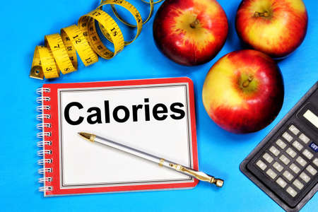 Calories - the inscription of the text in Notepad, diet planning. A healthy lifestyle, the calculation rules of nutrition.の写真素材