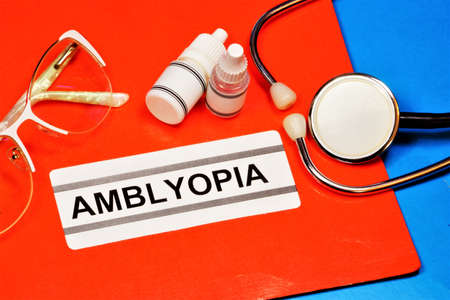 Amblyopia-reduced visual acuity. Text label to indicate the state of health. The diagnosis was made by an ophthalmologist. Medication treatment.の写真素材