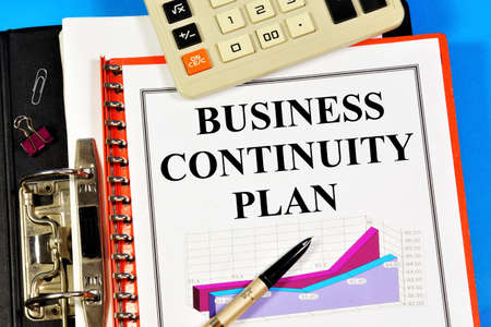 Business continuity plan. The text label in the folder office of the Registrar and chart the effectiveness of business planning. Strategy for achieving goals in the future.の写真素材