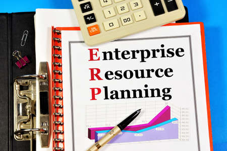ERP, enterprise resource Planning. The text label in the folder office of the Registrar. A method of effective management in the areas of production, distribution, and service delivery.の写真素材
