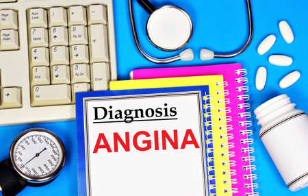 Angina. Text label for a medical diagnosis. Treatment with medications and procedures.の写真素材