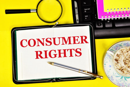 Consumer rights. text caption in the research notebook. Settlement of relations arising between the consumer of goods or services and the contractor, seller.の写真素材