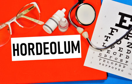 Hordeolum. Text label to indicate the state of vision health. The diagnosis was made by an ophthalmologist. Treatment with procedures and medications.の写真素材