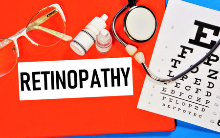 Retinopathy. Text label to indicate the state of vision health. The diagnosis was made by an ophthalmologist. Treatment with procedures and medications.の写真素材