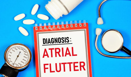 Atrial flutter. Text inscription of the medical diagnosis. Treatment with medications and procedures.の写真素材