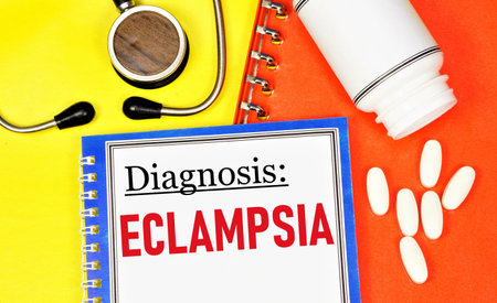 Eclampsia. Text inscription of the medical diagnosis. Treatment with medications and procedures.の写真素材