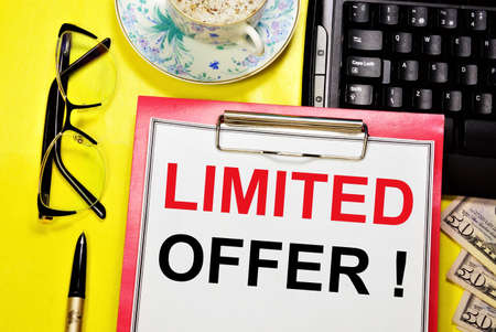 Limited offer. A text label in the planning notebook. A strategy of profitable prospects for the future.の写真素材