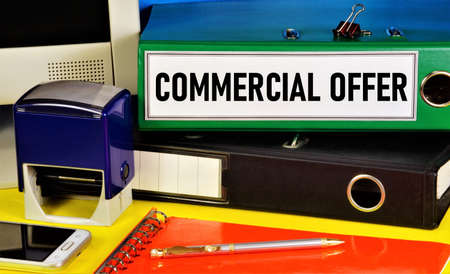 Commercial proposal. Text label on the planning folder. The contract of the transaction, the method of business promotion.の写真素材