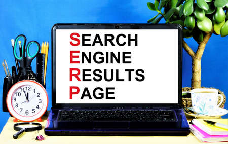 Search engine results page, SERP. The inscription on the computer monitor screen. Search web page,...