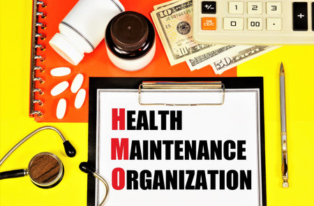Health maintenance organization. Text label in the insurance planning form. HMO provision of medical services for a fixed fee.の写真素材