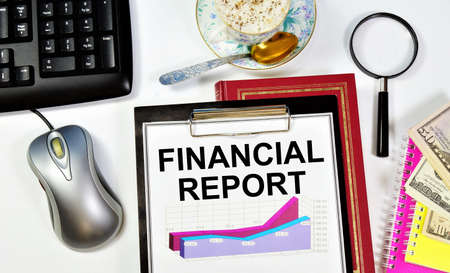 Financial report. Text label on the planning folder. Research of the accounting strategy of the enterprise activity and its expertise.の写真素材