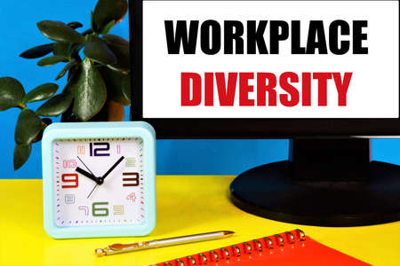 Workplace diversity. Text label on the PC monitor screen. Balance of employees of different racial or ethnic backgrounds both men and women.の写真素材