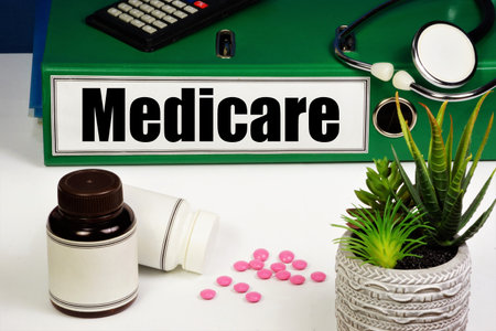 Medicare. A text label on the folder. Health insurance program. Provides well-being in life situations.の写真素材