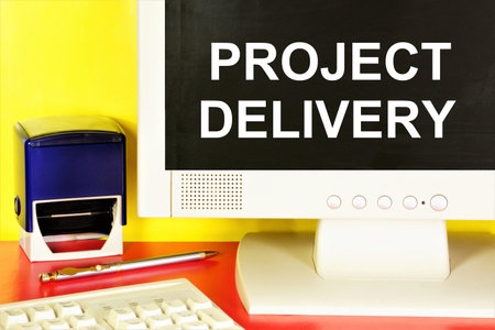 Project delivery. The inscription on the monitor screen. Development of a creative design solution.の写真素材
