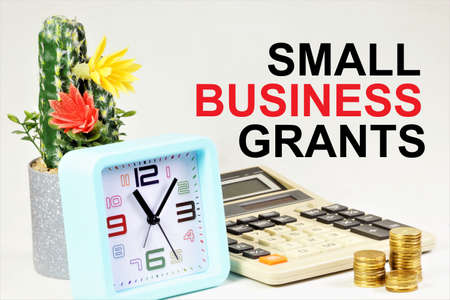 Small business grants. The inscription of the motivation concept on the background of a calculator, cash coins and hours of planning.の写真素材