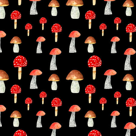 Watercolor pattern of forest autumn mushrooms seamless on a black backgroundの写真素材