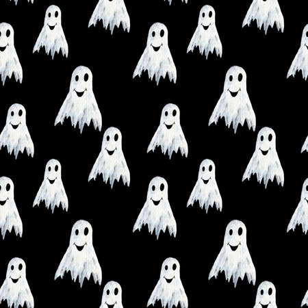 Watercolor pattern on a black background white funny ghostsの写真素材