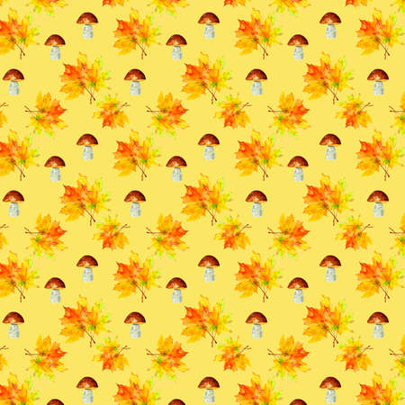 Watercolor autumn seamless pattern on a yellow background white mushroom and maple leafの写真素材