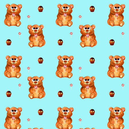 Watercolor seamless pattern on a blue background childrens cute bear with a Lollipop and a cakeの写真素材