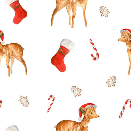 Watercolor Christmas pattern of a fawn in a Santa hat on a white backgroundの写真素材