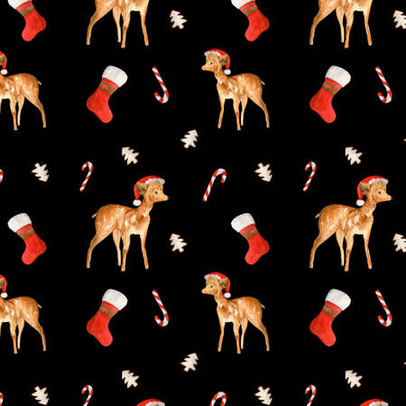 Watercolor Christmas pattern of a fawn in a Santa hatの写真素材