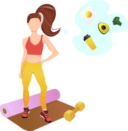 Vector illustration of a sporty girl studying at home and thinking about healthy eatingのイラスト素材