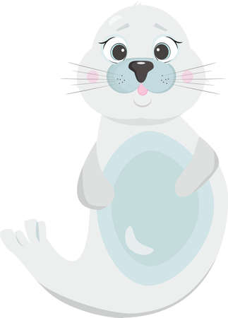 Cute, fluffy seal seal cub. White funny animal, cartoon character.のイラスト素材