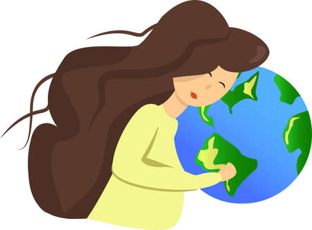 A young woman embraces planet Earth with care and love. Vector illustration of Earth Dayのイラスト素材