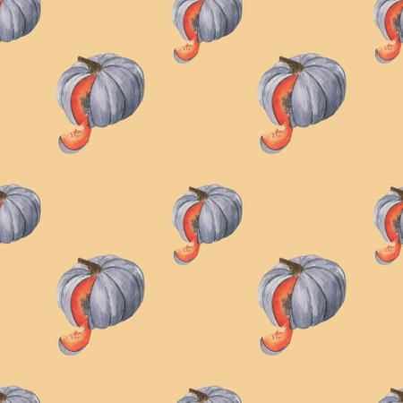 A watercolor pattern on a yellow background is a gray pumpkin in a sectionの写真素材