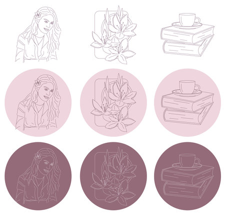 Line icons - smiling woman face, books and cup of tea or coffee and beautiful lilies.のイラスト素材