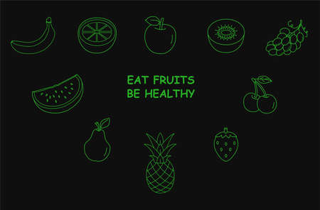 Fruit icons set, thin line style, flat design, green on the black backgroundのイラスト素材