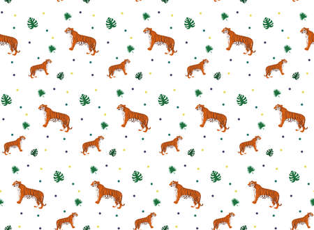 Tropical seamless pattern with tigers and monstera leaves. Vector animalistic design for fabric,...
