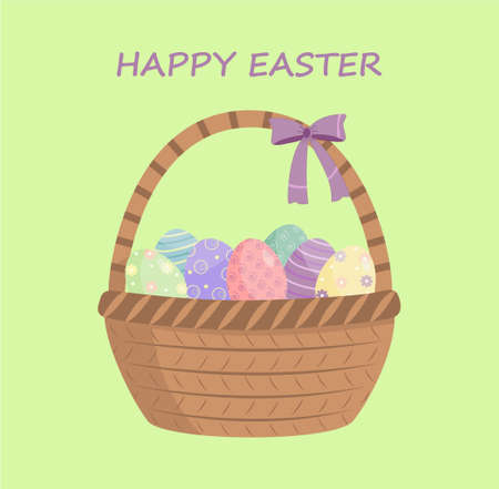 Easter card with wicker basket and decorated eggsのイラスト素材