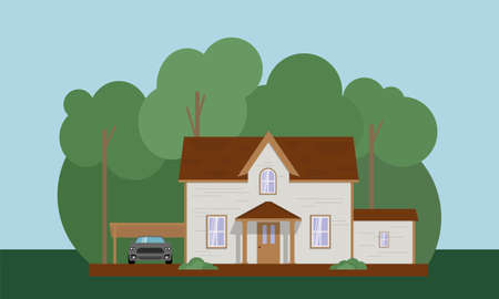 The house in gray and brown and the gray car with greenery around it. flat illustrationのイラスト素材