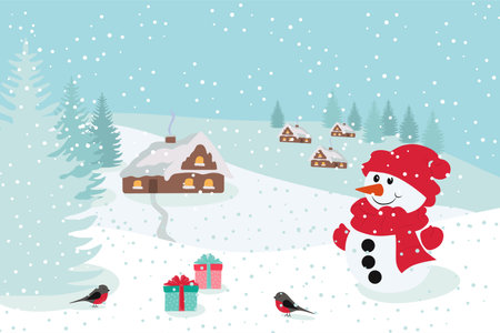 Winter card with houses, snowman, bullfinches, gifts and Christmas trees. For card, banner, adsの写真素材