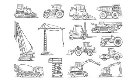 engineering vehicle handdrawn collectionのイラスト素材