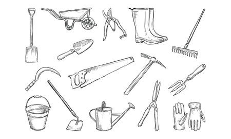 garden tools handdrawn collectionのイラスト素材