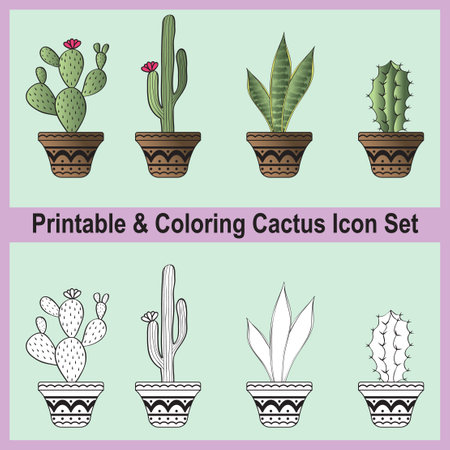 Printable and Coloring Cactus Vintage Icon Setのイラスト素材