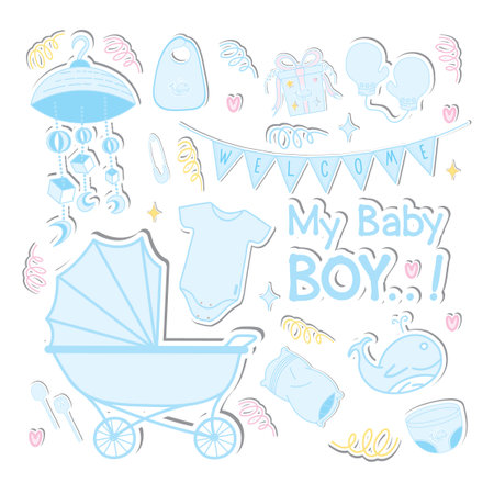 Welcome Baby Boy Stuff Sticker Collectionのイラスト素材