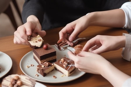 Close up of female hands taking piece of chocolate cake from plate.の素材