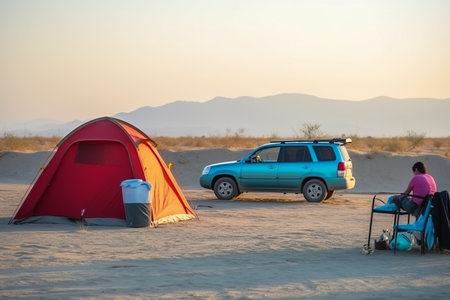 Tourist camping in the desert. Red tent, camper and blue carの素材