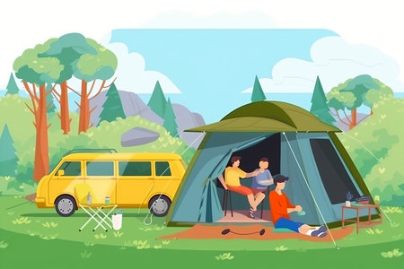 Camping with friends. Camping on nature. Vector illustration in flat styleの素材