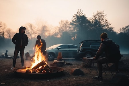 A group of young people sitting around a bonfire in the morningの素材