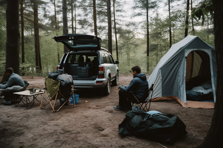 Group of friends camping in the pine forest at the day time.の素材