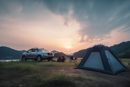 Camping on the mountain at sunset time, Camping concept.の素材