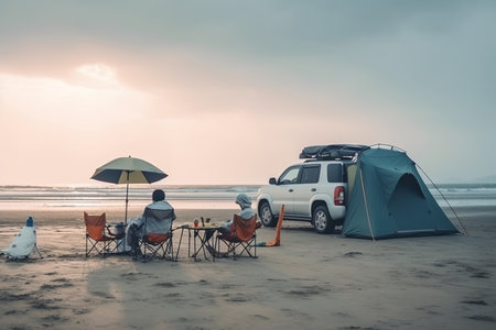 Camping on the beach in the morning with the car and tent.の素材