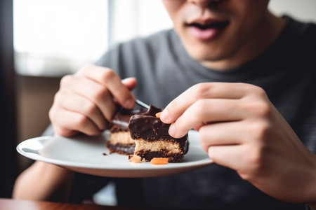 Man eating chocolate cake in cafe, close-up of hands.の素材