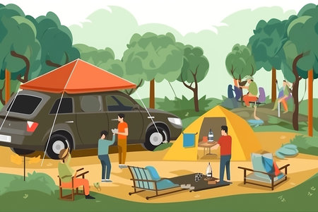 Camping in the forest flat vector illustration. Tourists camping in the forest with tents and camper van. Camping in the woods.の素材