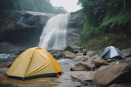 Camping in the forest with waterfall in the background, Thailand.の素材