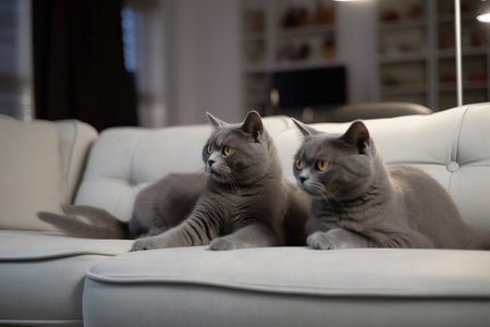 Cute cats lying on sofa at home in the living room.の素材